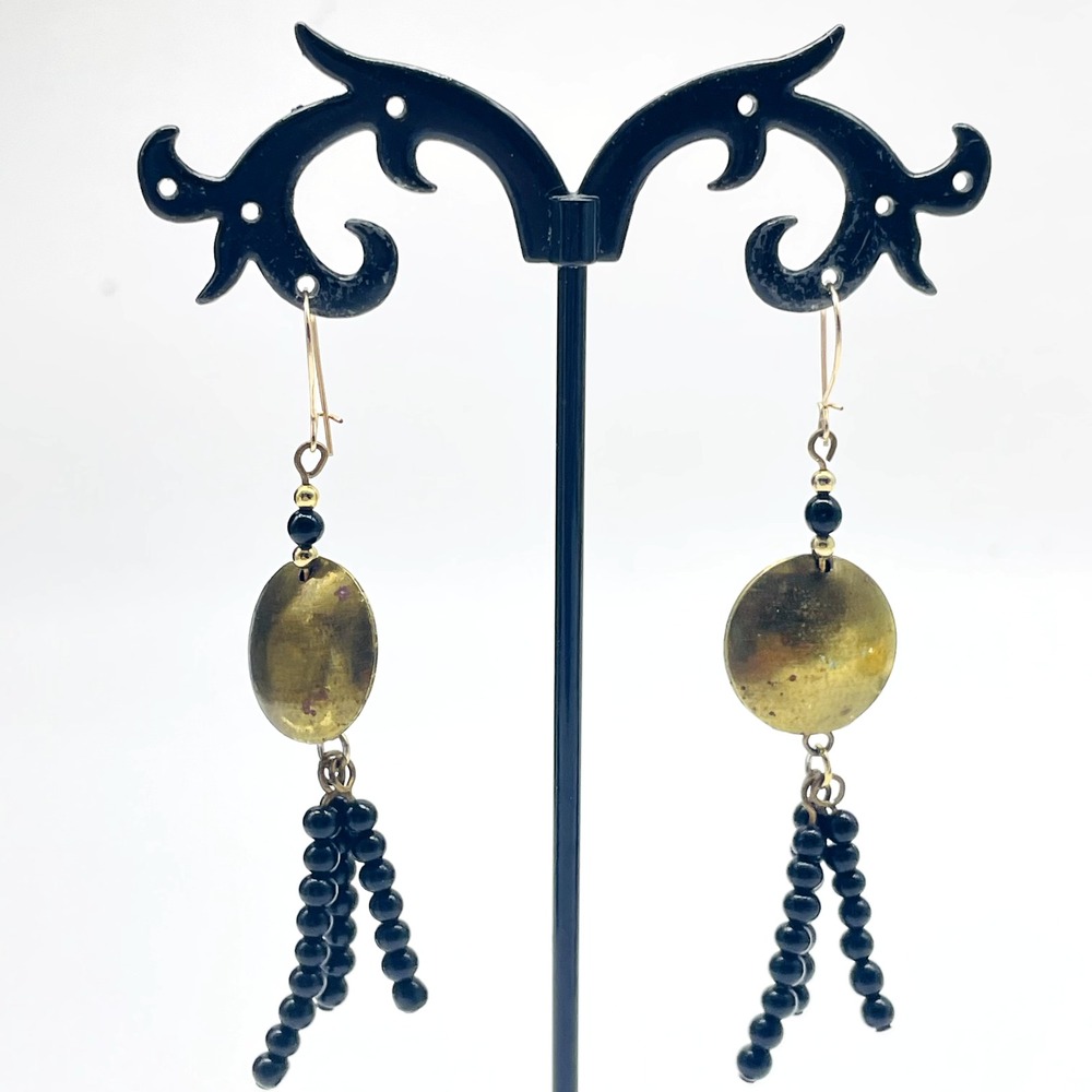 Gold Tone Disc Black Beaded Fringe Dangle Pierced Earrings Boho Statement - Picture 4 of 9